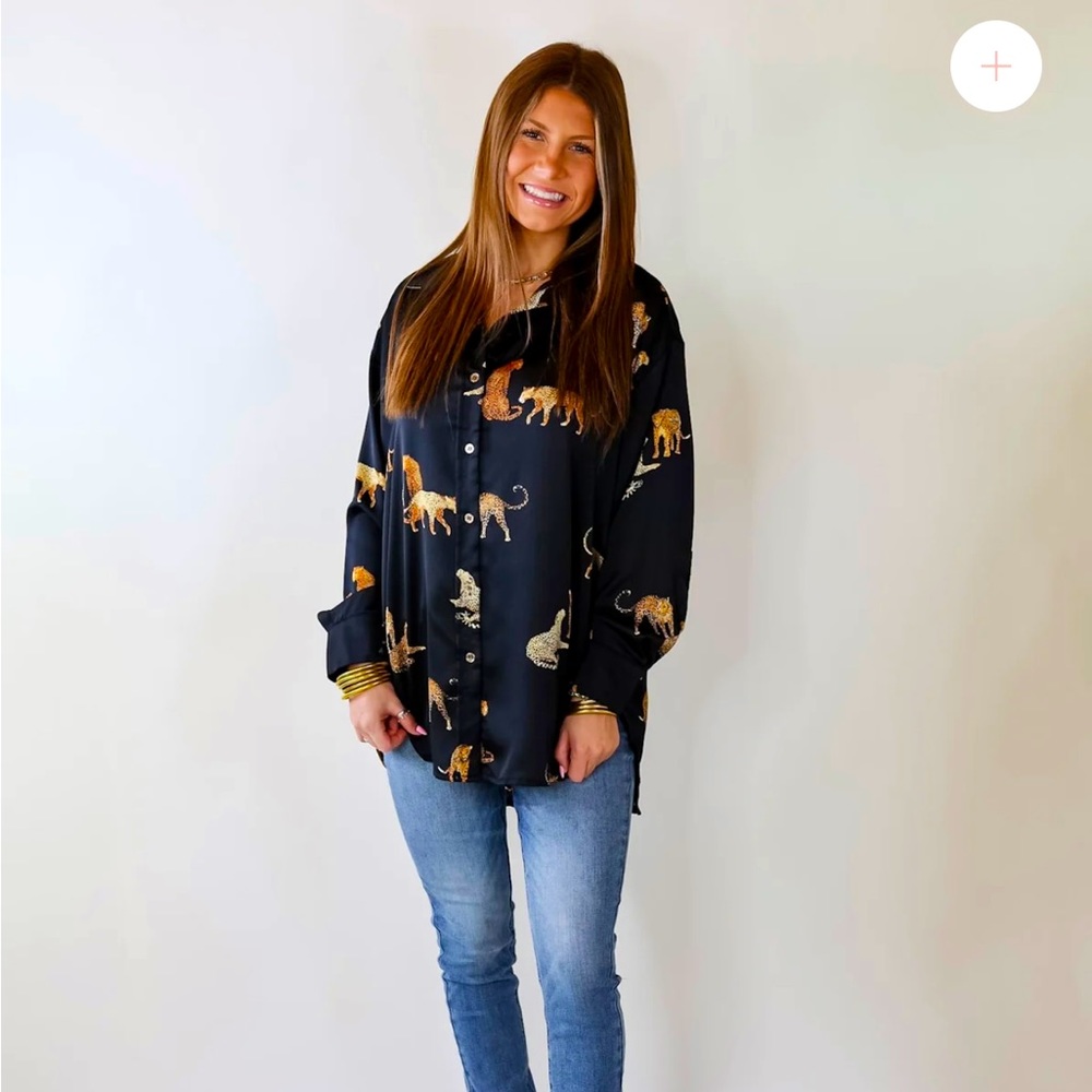 Entro Black Satin Leopard Print Blouse